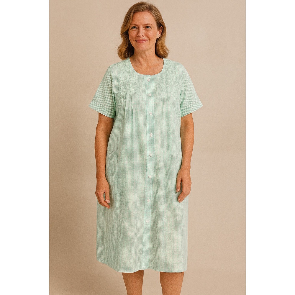 MISS ELAINE M Mint Green Gingham Button Front Nightgown Robe Smocked Sleepwear